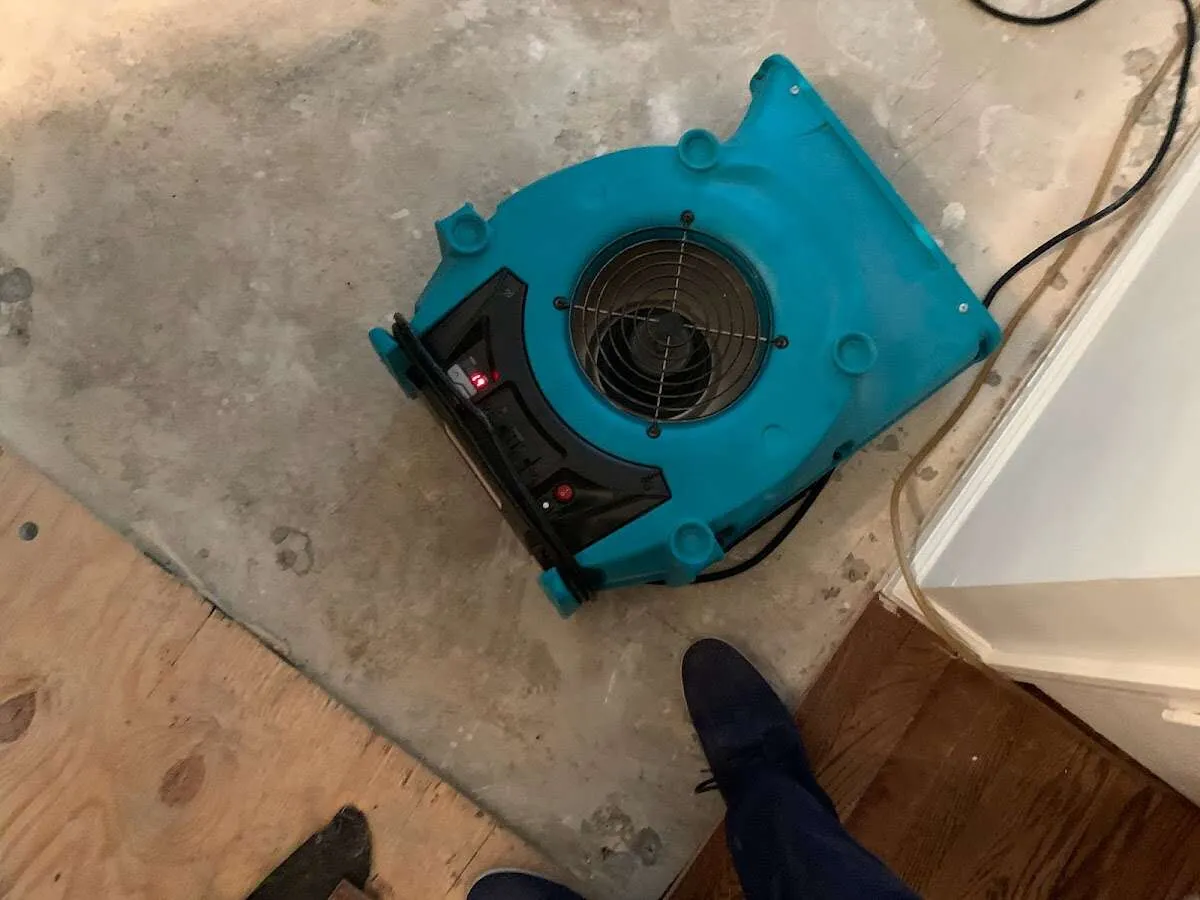 Air mover drying subfloor during Leak Detection & Repair in Lower Providence